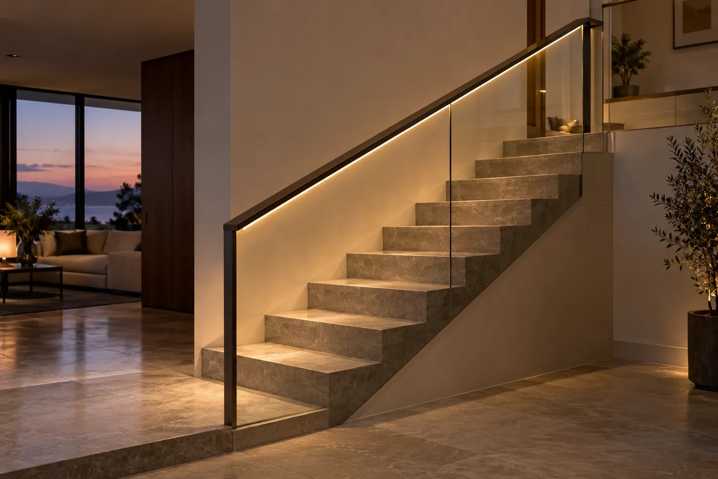 Glass stair balustrade with an illuminated bronze handrail beside stone treads