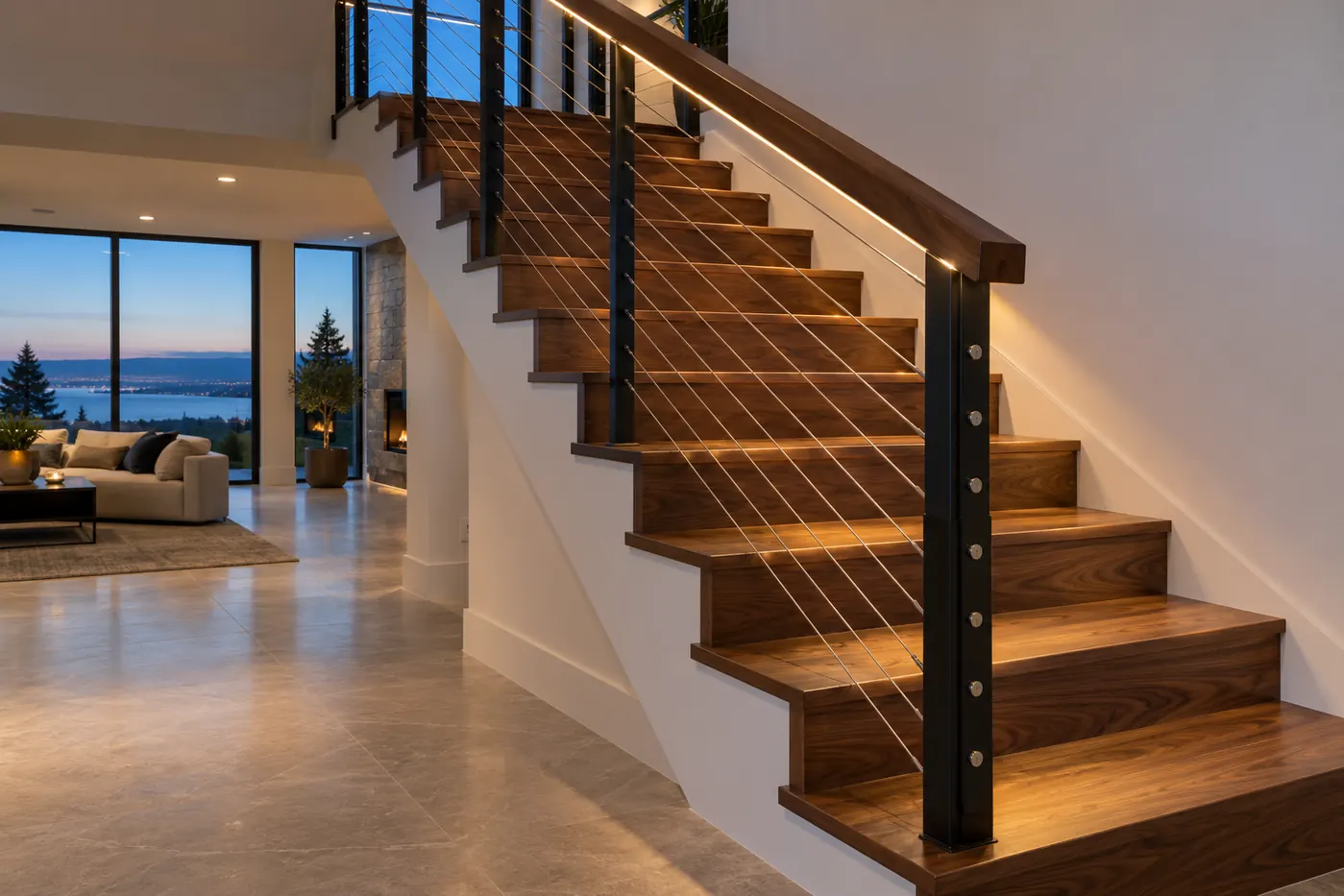 Walnut staircase with cable railing and warm LED lighting beneath the wood handrail