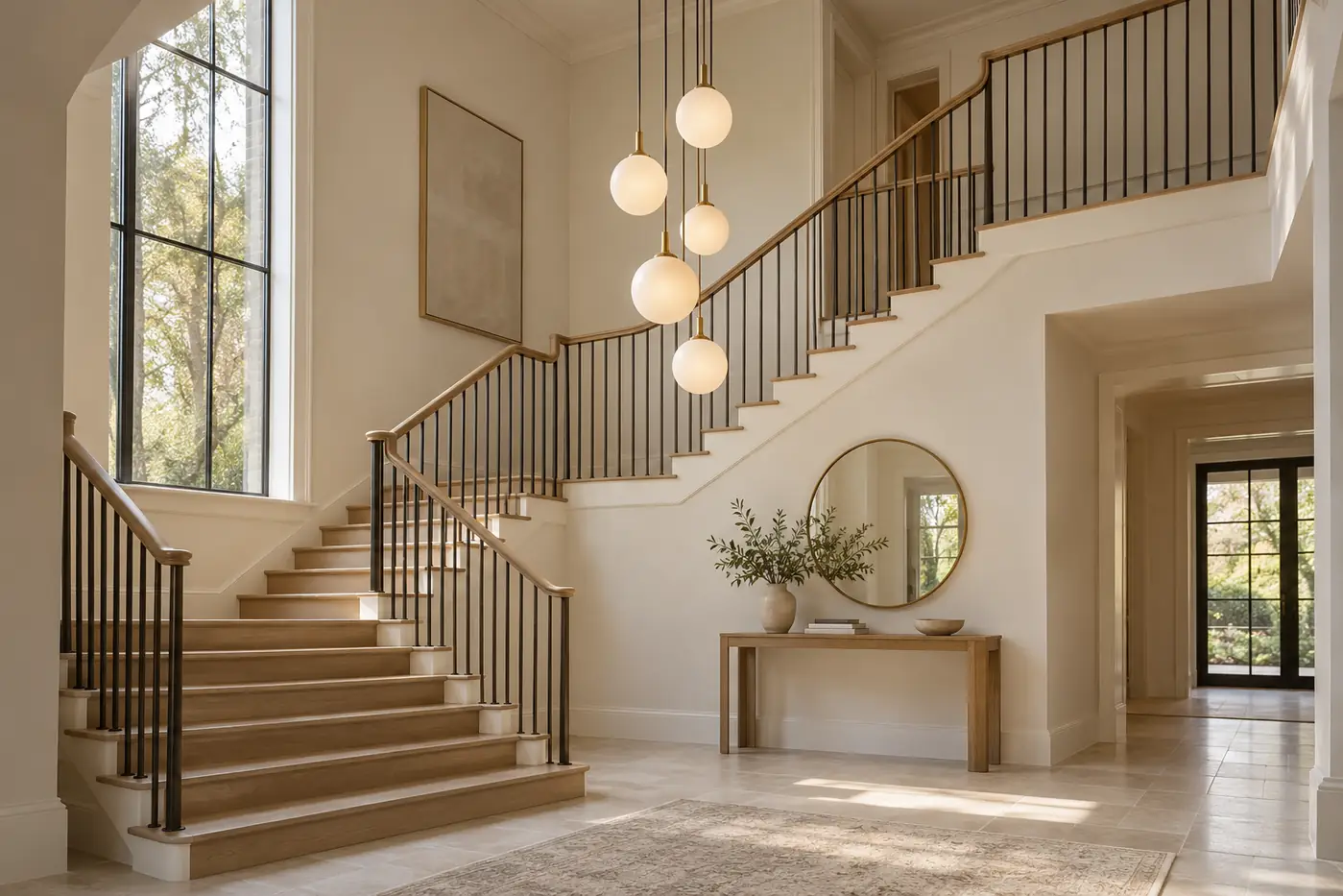 Warm opal pendant cluster suspended beside an oak staircase in a double-height foyer