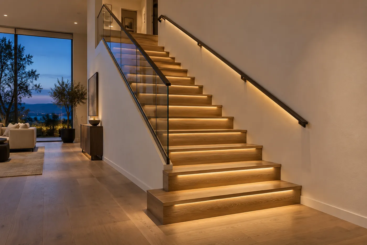 Oak staircase combining under-tread LED lighting with an illuminated wall handrail