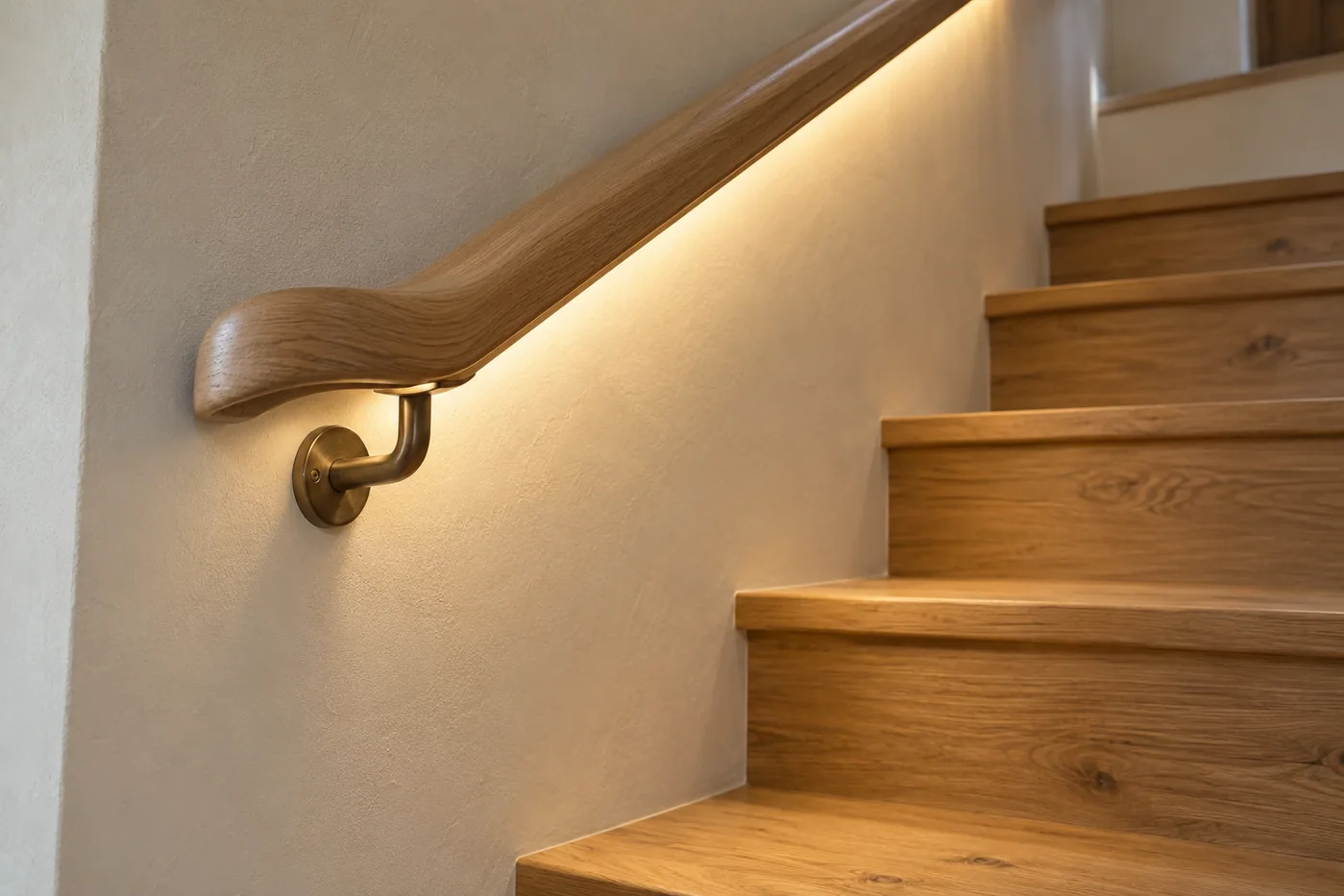 Oak wall handrail with a recessed LED diffuser and bronze mounting bracket