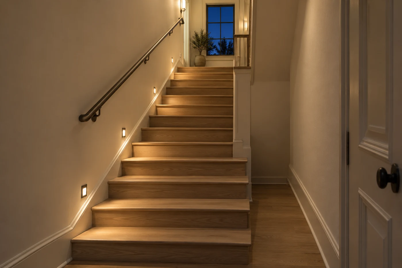 Enclosed oak staircase at night with recessed step lights and a softly lit upper landing