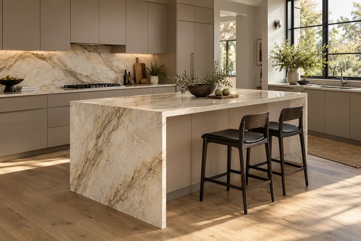 Sculptural waterfall stone island with expressive veining, a matching backsplash, and understated flat-panel cabinets.