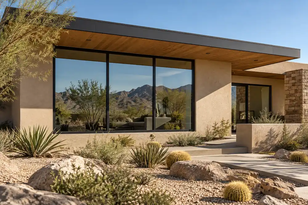 Desert home with aluminum windows shaded by a deep roof overhang