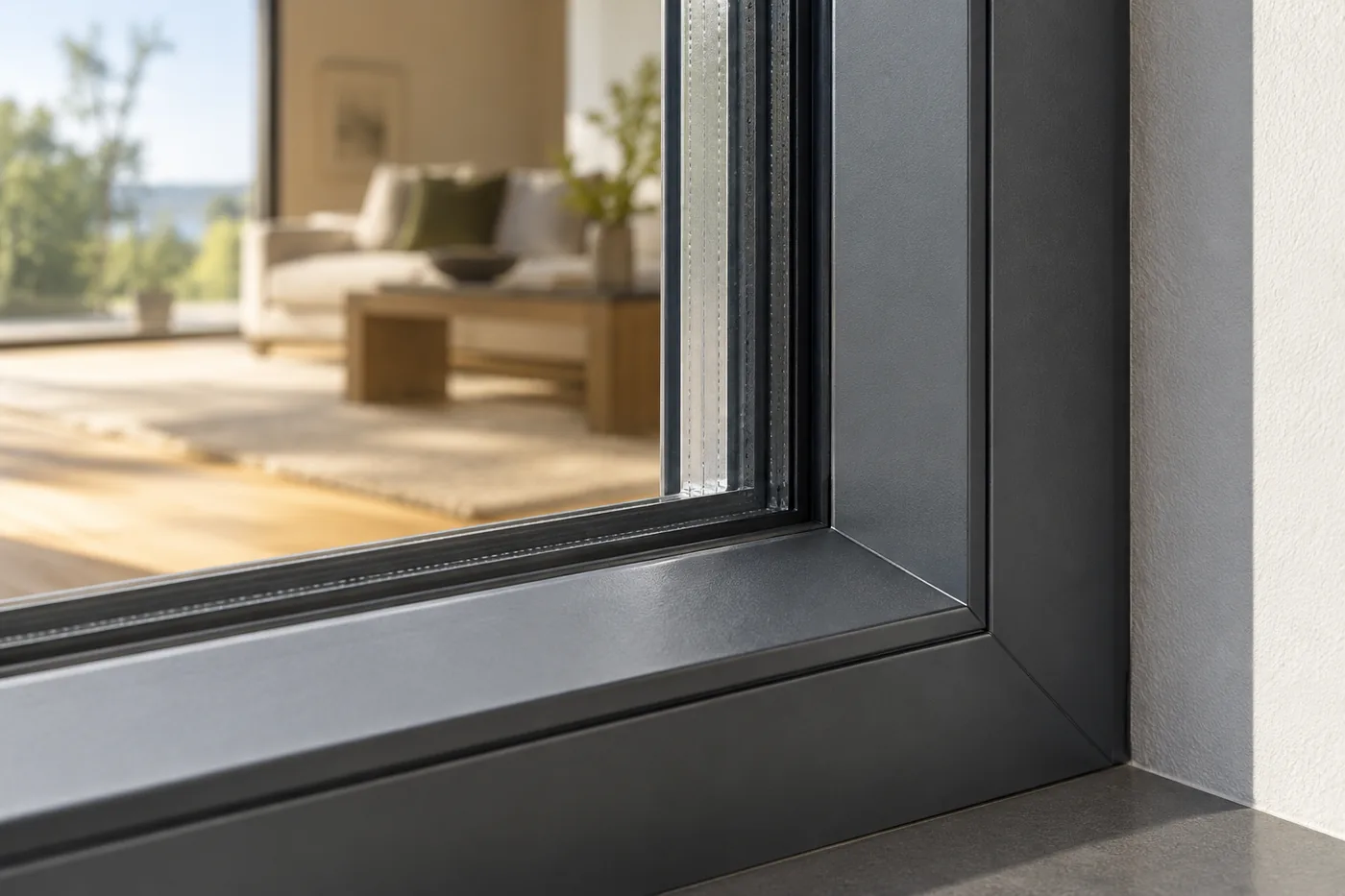 Close detail of an aluminum window frame, insulated glazing and seals