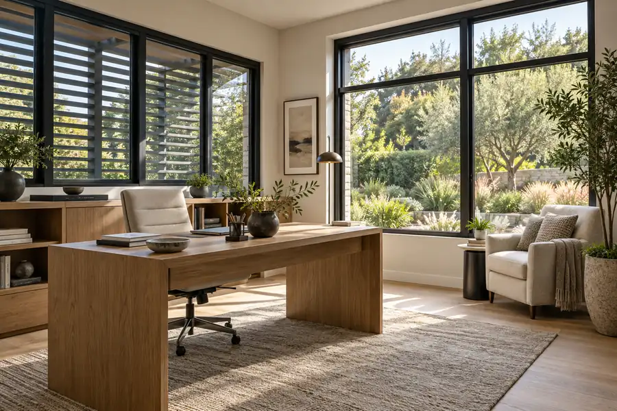 Home office with aluminum windows on two walls and adjustable exterior shade