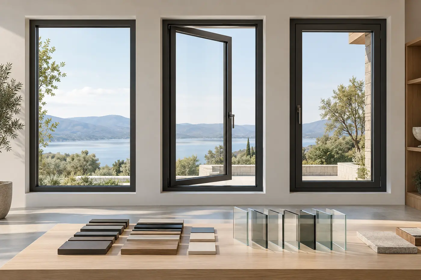 Window showroom concept with frame finishes and glazing samples