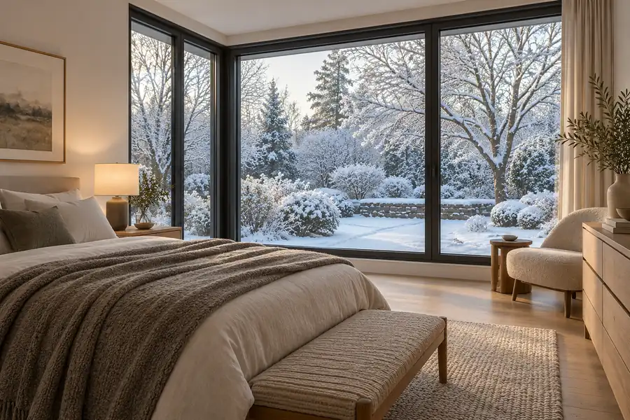 Cold-climate bedroom with aluminum-framed windows overlooking snow