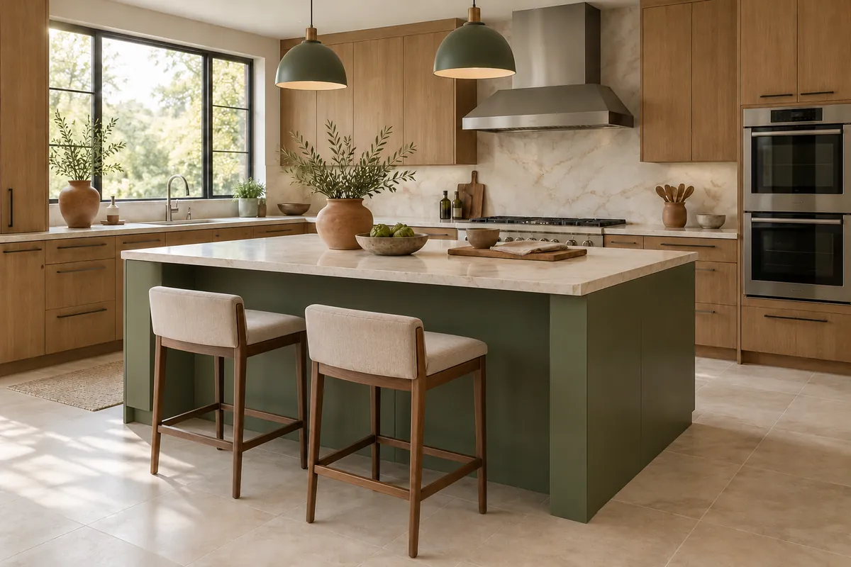 Two-tone modern kitchen pairing an olive-green island with natural wood cabinets and light stone.