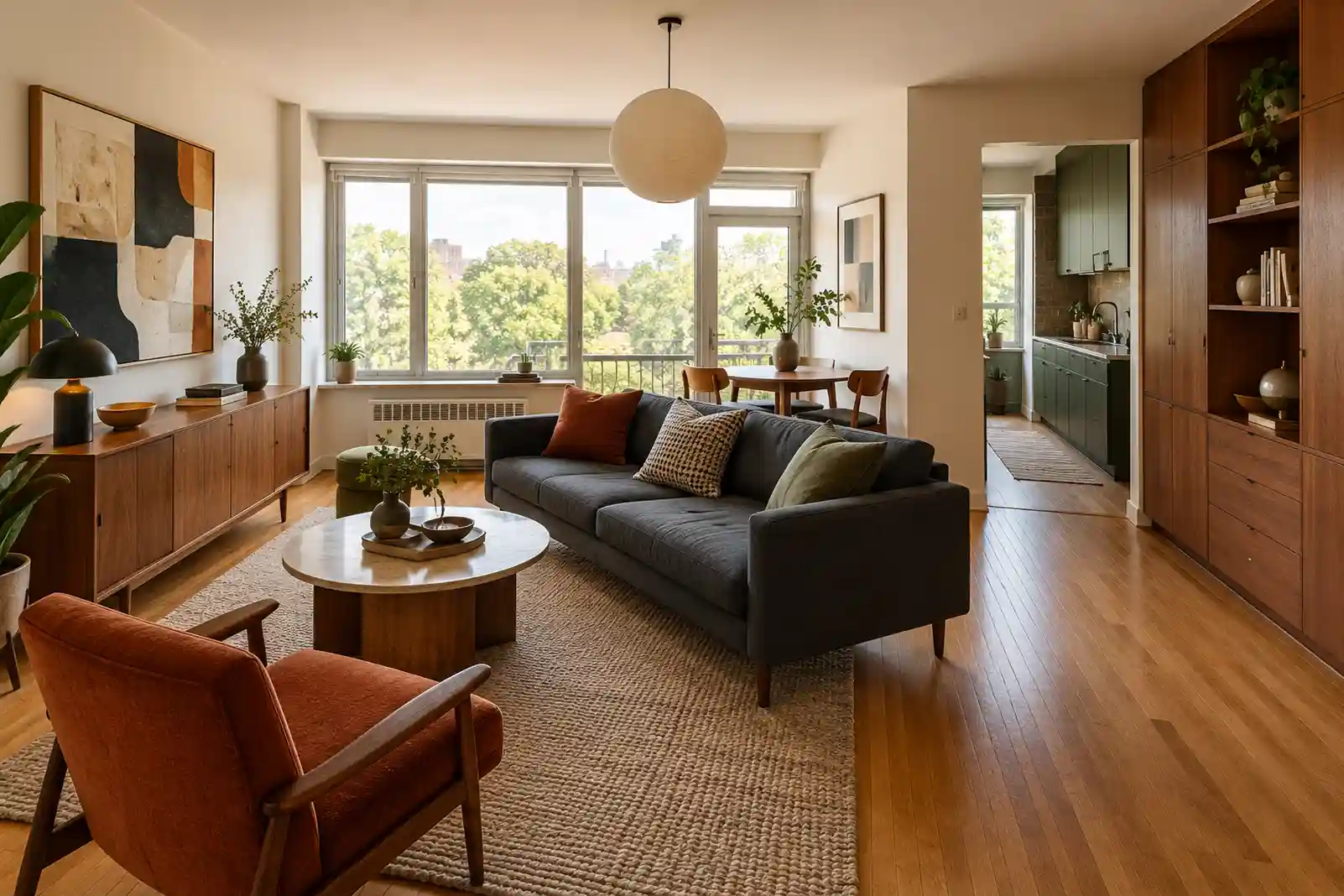 Updated mid-century apartment with walnut storage, a charcoal sofa and rust-colored chair