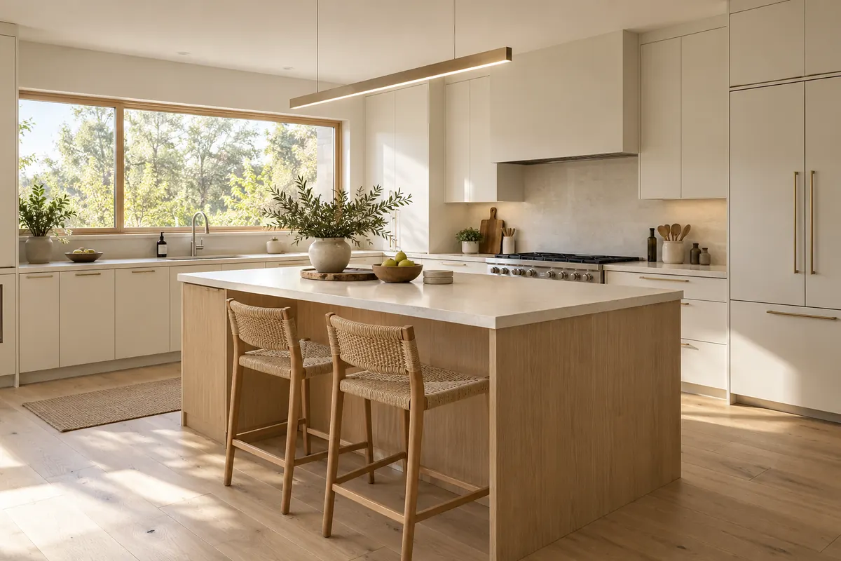 Warm minimalist kitchen with a white oak island, warm-white cabinets, and a pale countertop.
