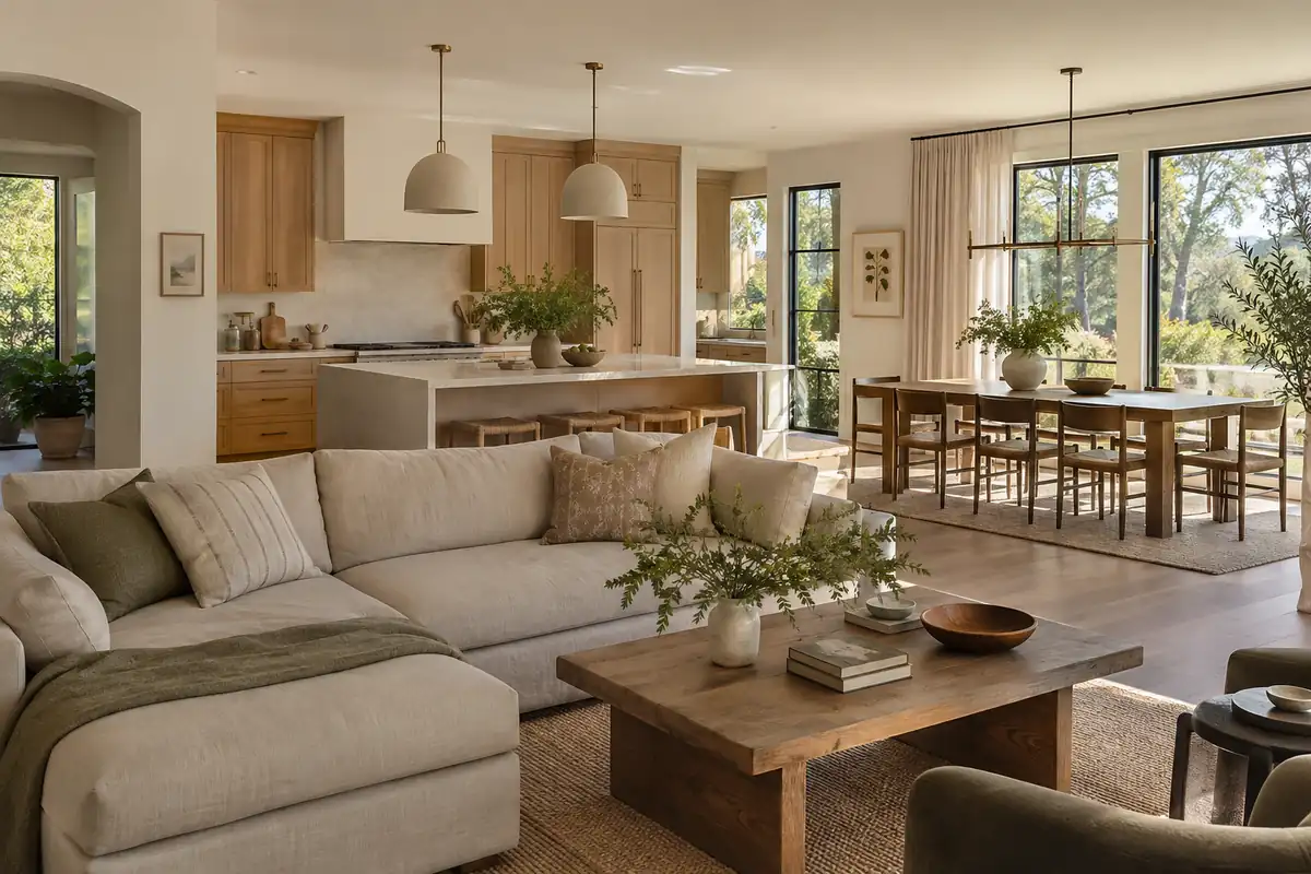 Connected living room, dining area and oak kitchen with coordinated finishes
