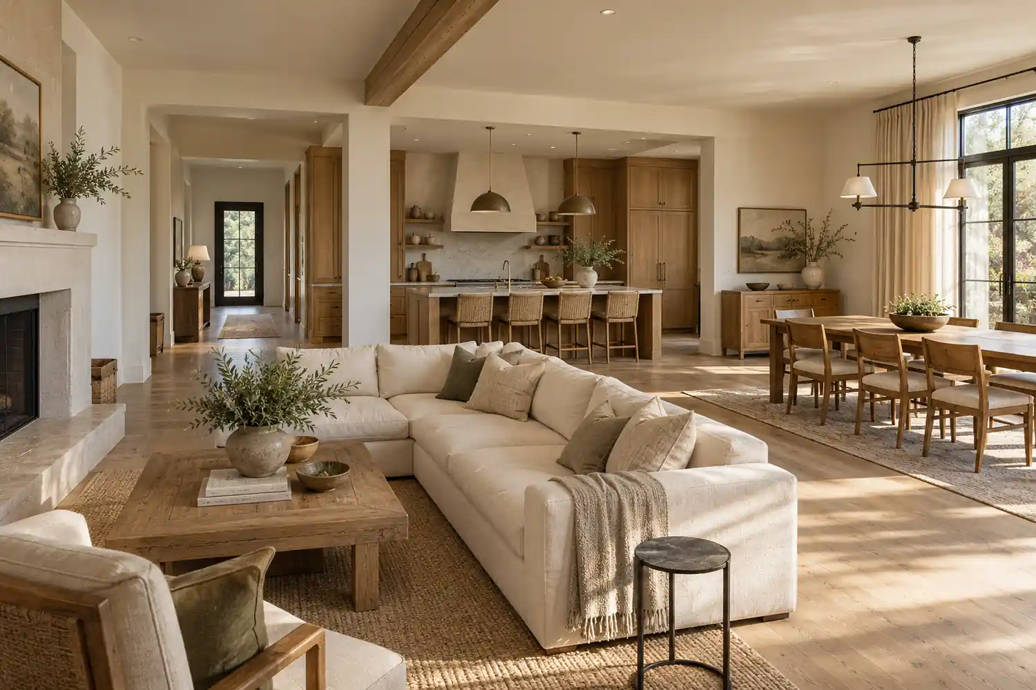 Coordinated living, dining and kitchen spaces with oak cabinetry and linen furnishings