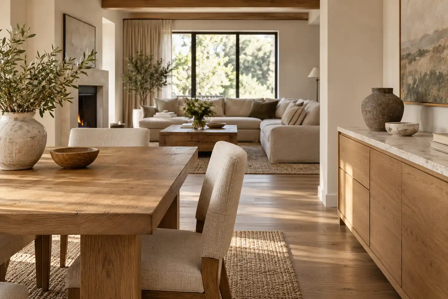 Oak dining furniture and a pale stone sideboard continuing into a linen-furnished living room