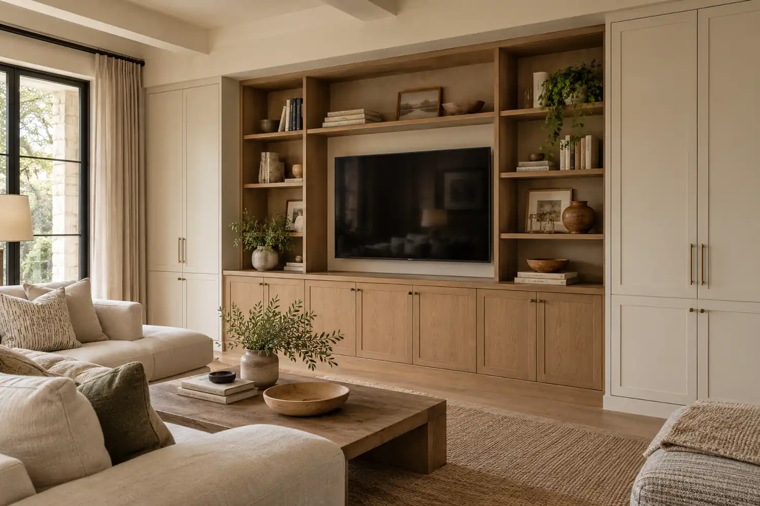 Living room cabinet wall combining closed storage, open shelves and a television