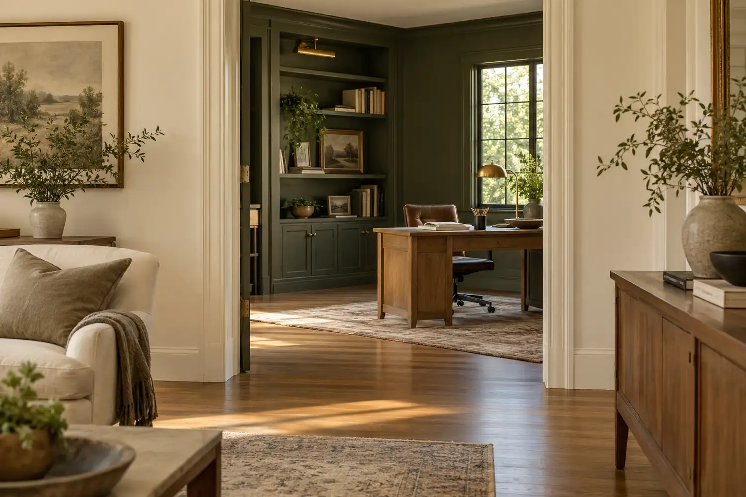Warm ivory living area opening into an olive-green study with continuous wood flooring