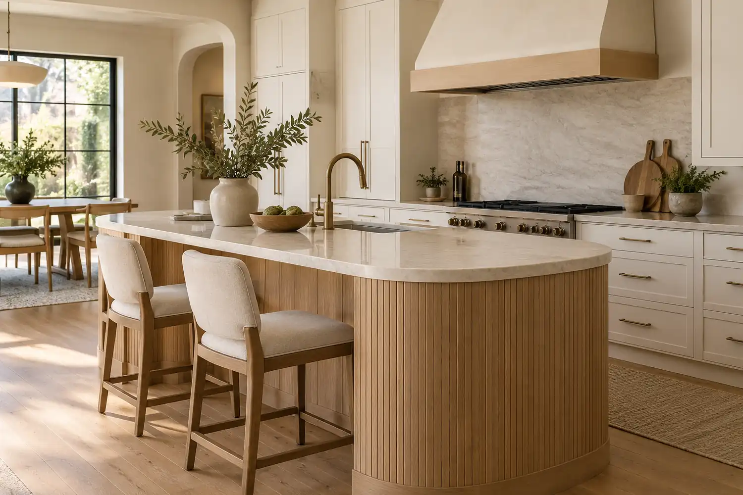 Kitchen island with a gently rounded oak end and pale stone countertop