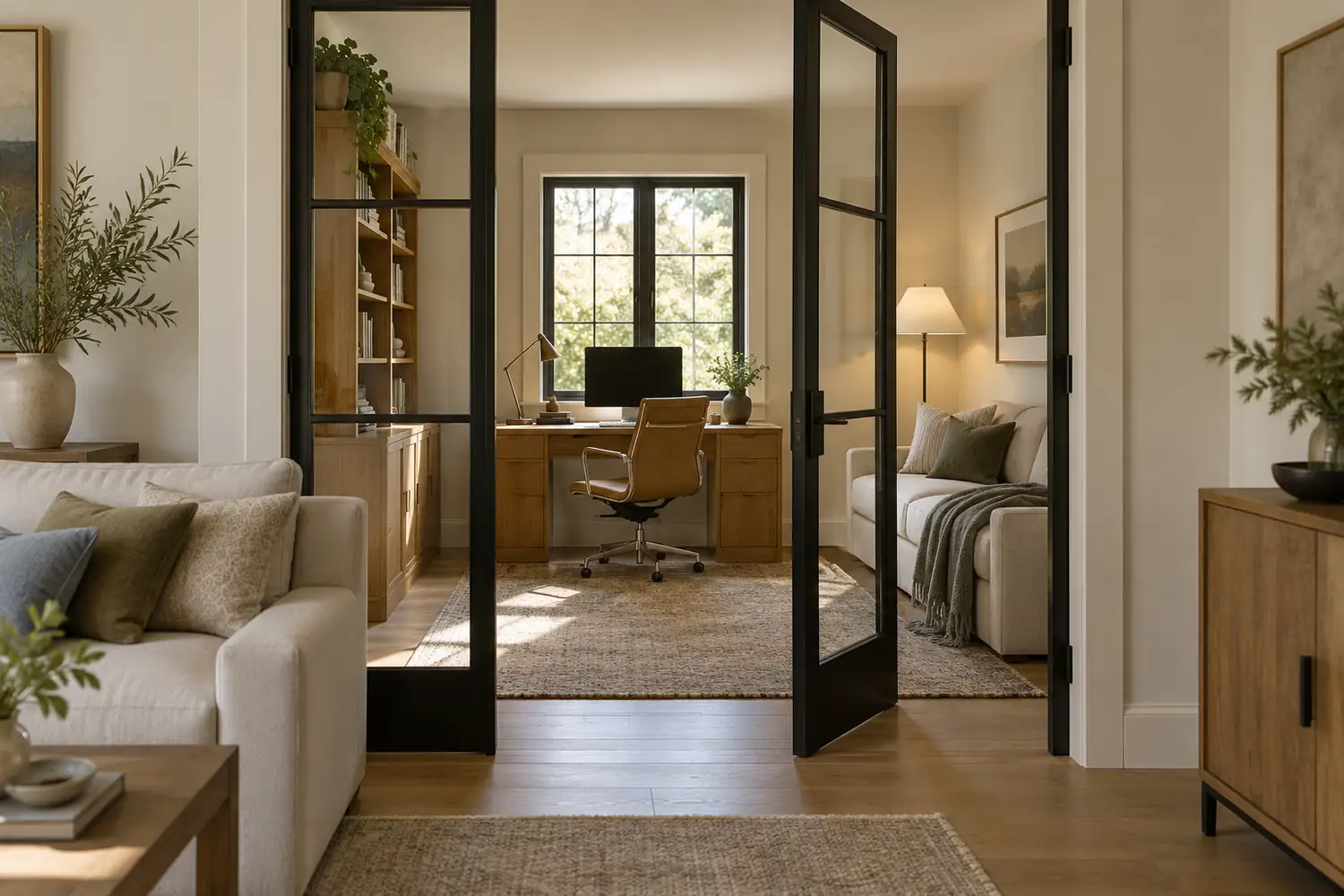 Home study and guest seating behind closable glazed doors beside a living room