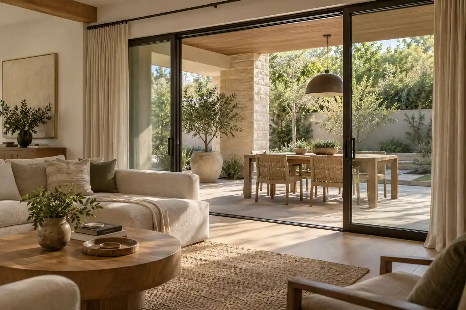 Sliding glass doors connecting a living room to a shaded patio and small courtyard
