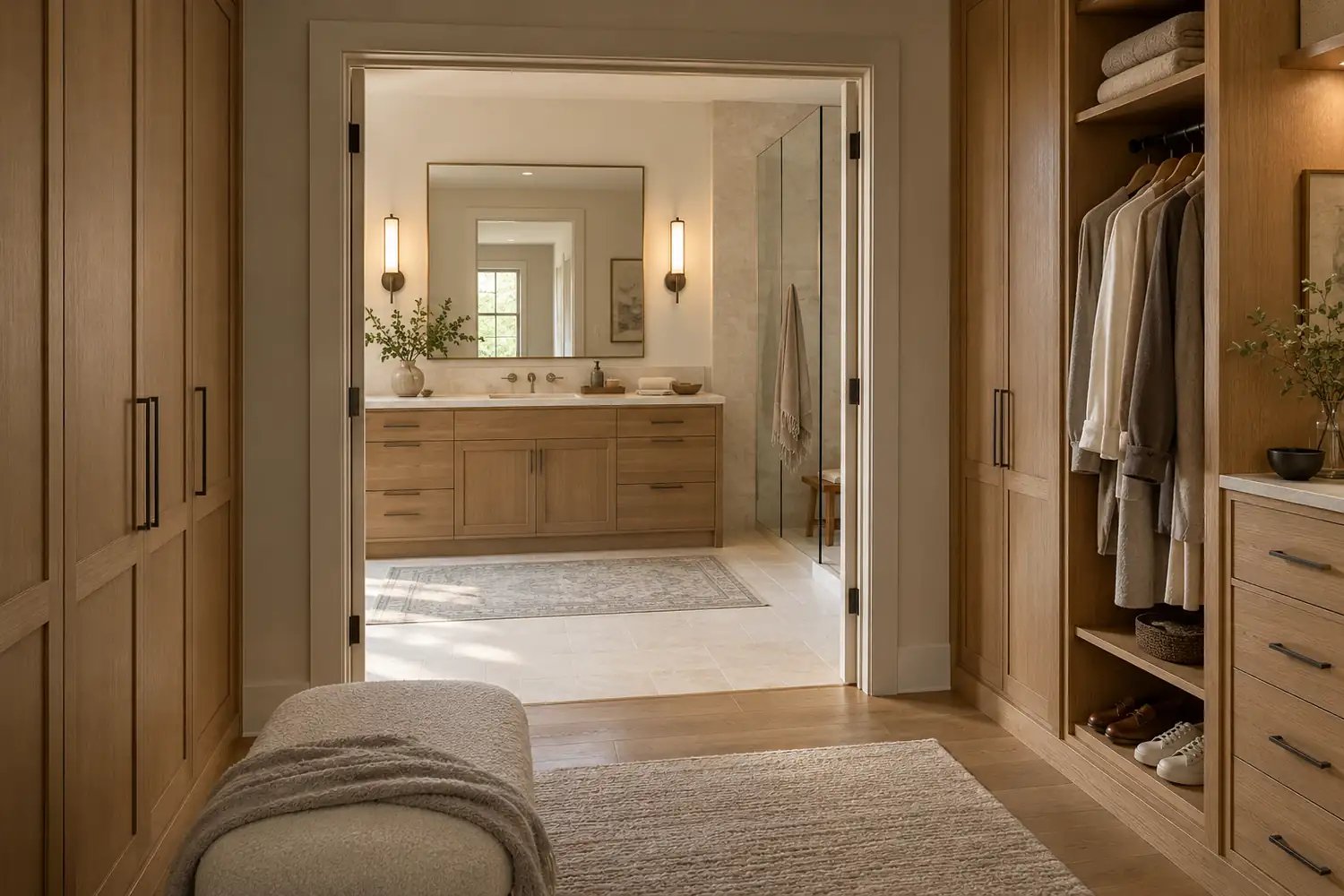 Oak dressing room leading to a coordinated bathroom vanity and mirror lighting
