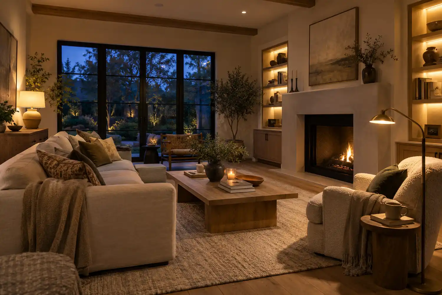 Living room at dusk with ambient lighting, a reading lamp and softly lit shelves