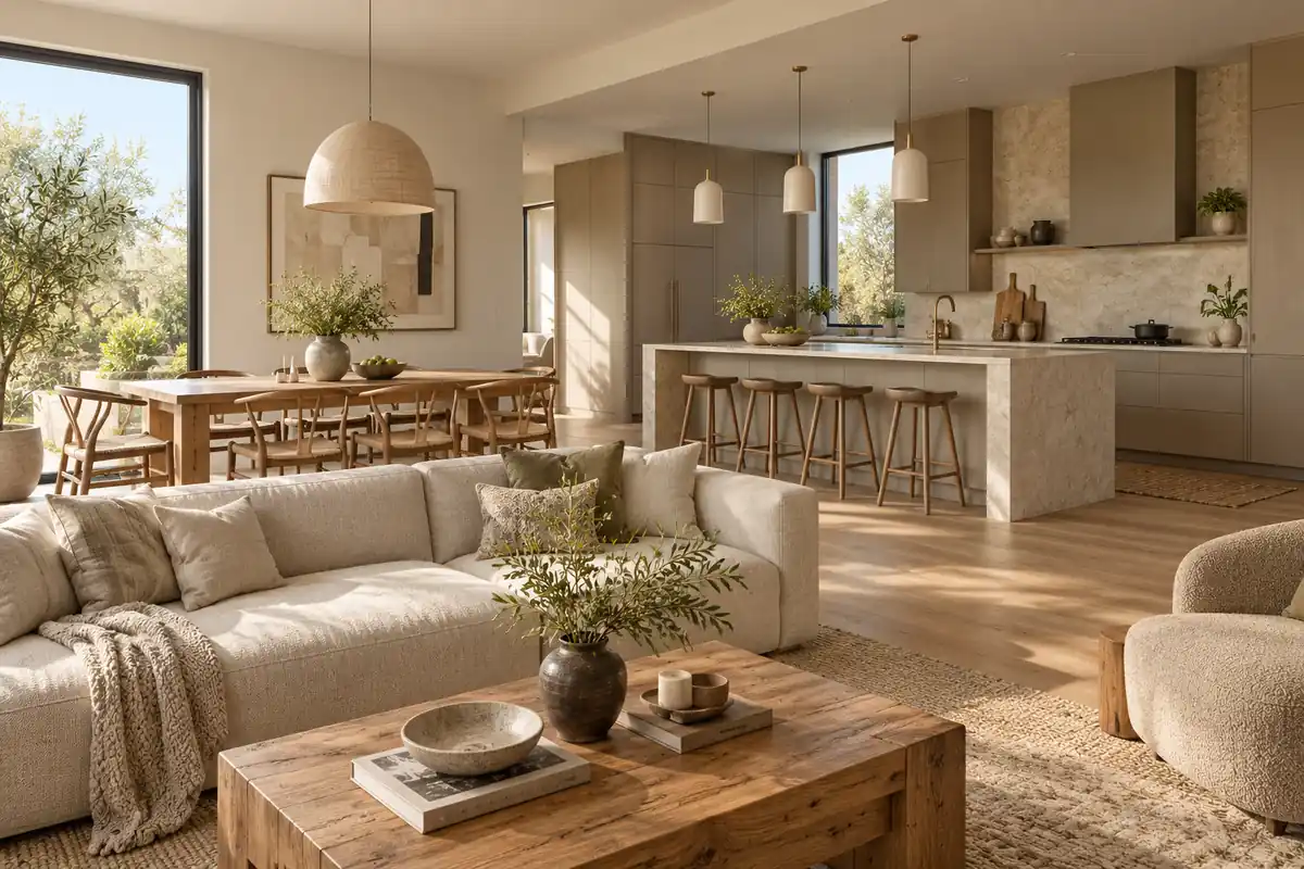 Coordinated oak and taupe kitchen, dining and living area with natural daylight