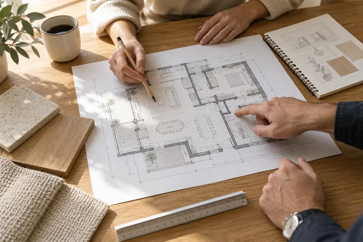 Hands reviewing a preliminary home floor plan with material samples