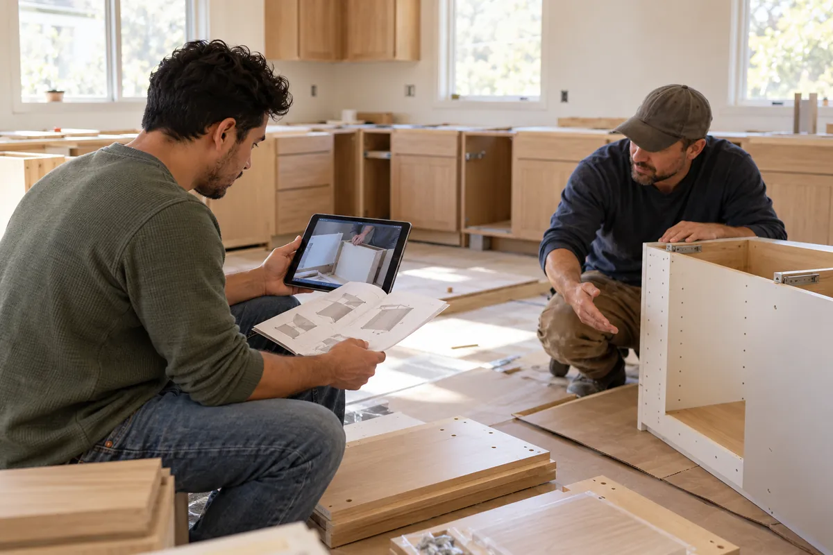 Local installers review a tablet instruction video and printed cabinet assembly guidance