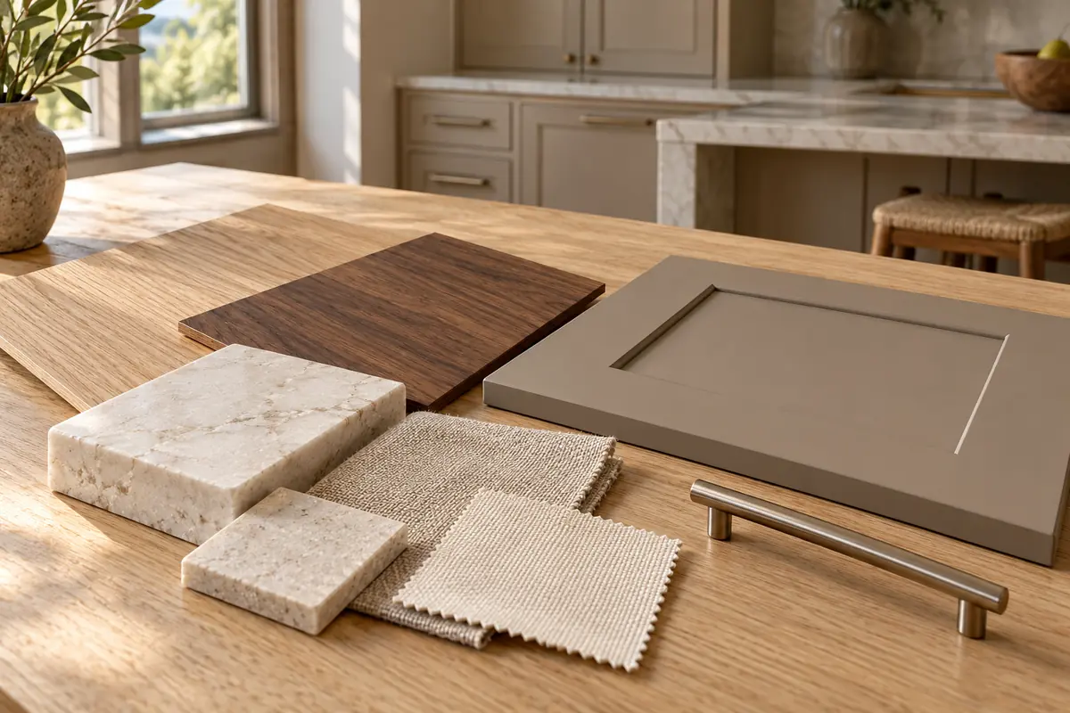 Oak, walnut, stone, linen and cabinet door samples with a metal handle