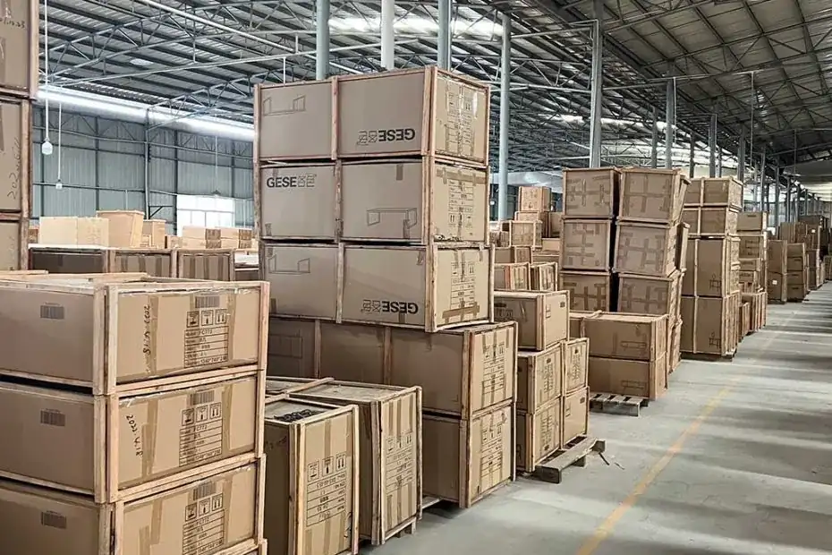 Crated and boxed products in the warehouse shown on George Group’s website