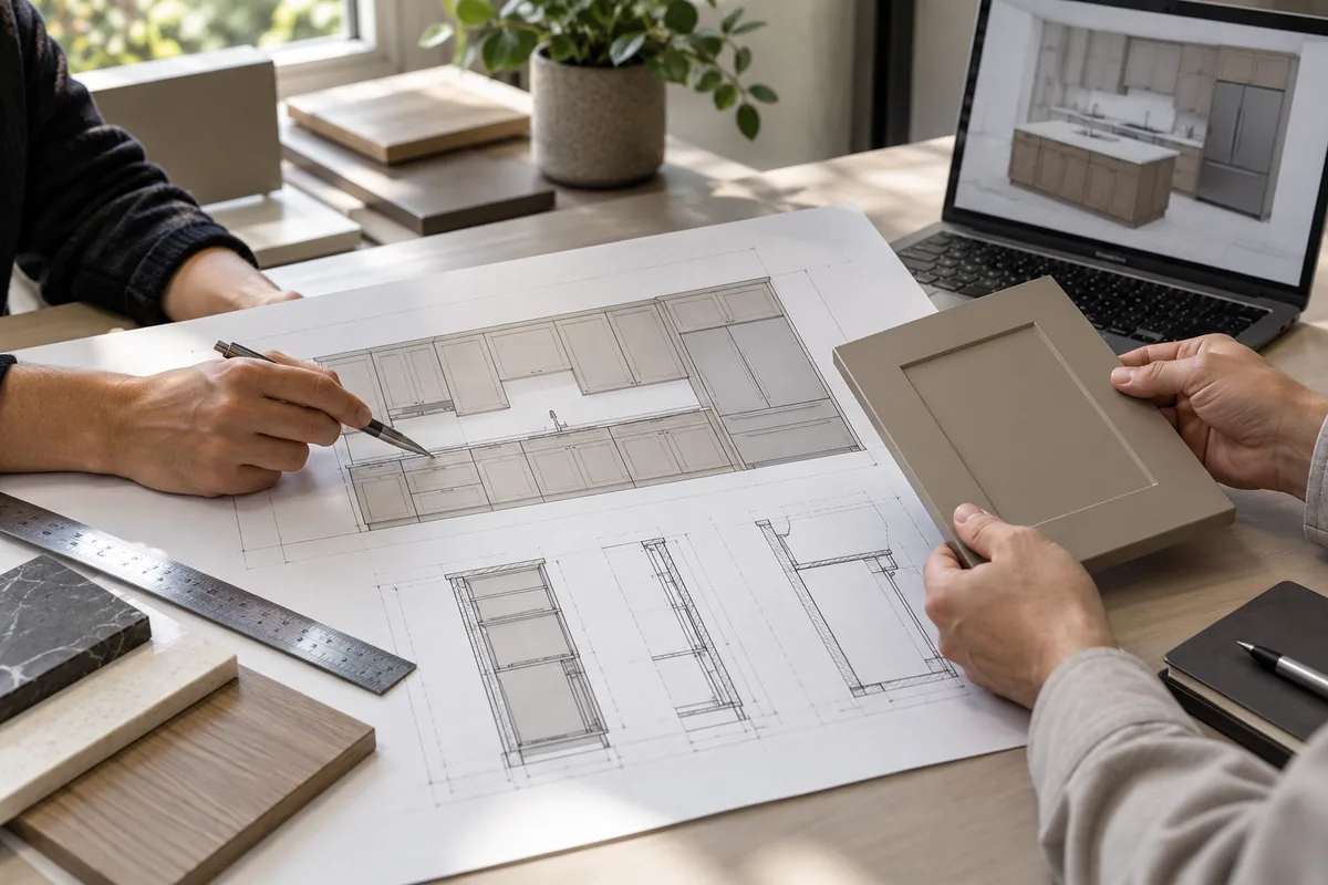 Cabinet elevation and detail drawing reviewed beside a door sample and laptop