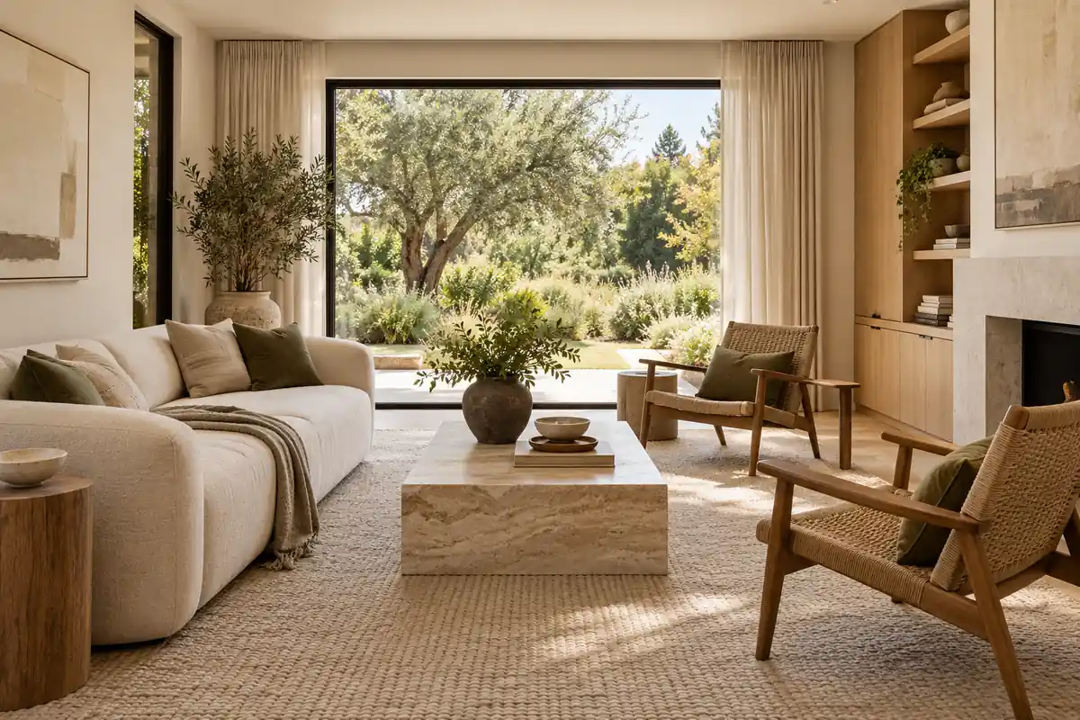 Organic Modern living room with rounded linen seating, oak storage and olive accents