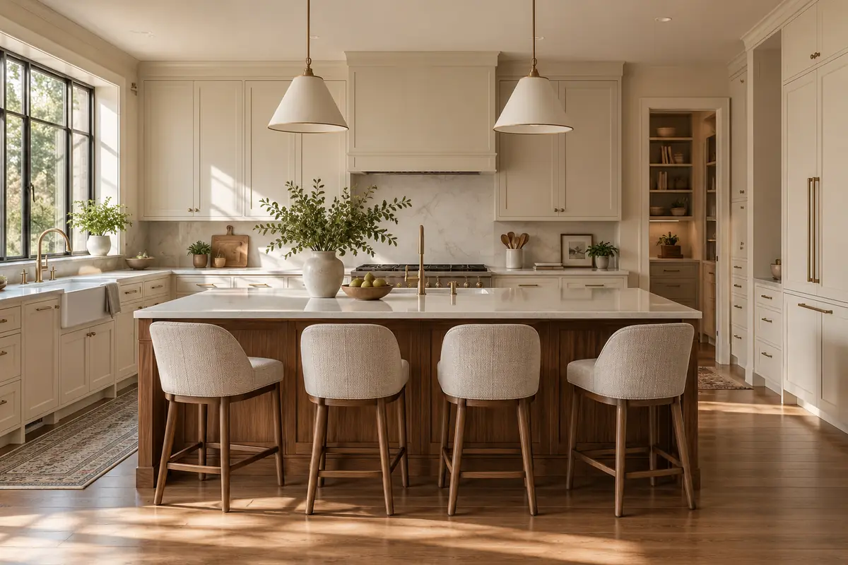 Transitional kitchen with cream framed cabinets, walnut island and simple brass lighting