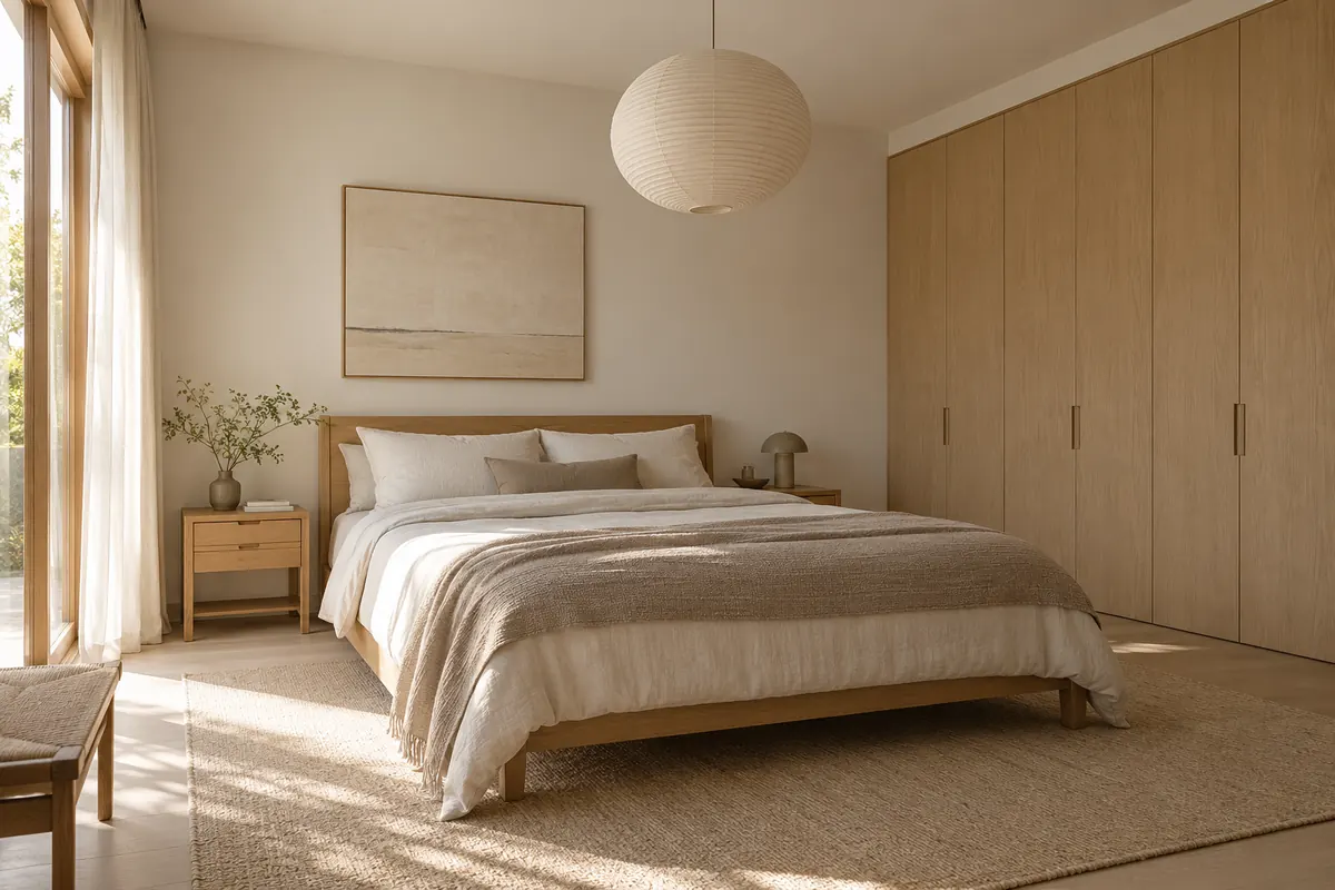 Japandi bedroom with a comfortable oak bed, closed wardrobes and soft natural light