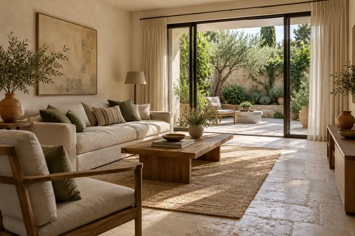 Modern Mediterranean living room with warm textures and a connection to the courtyard
