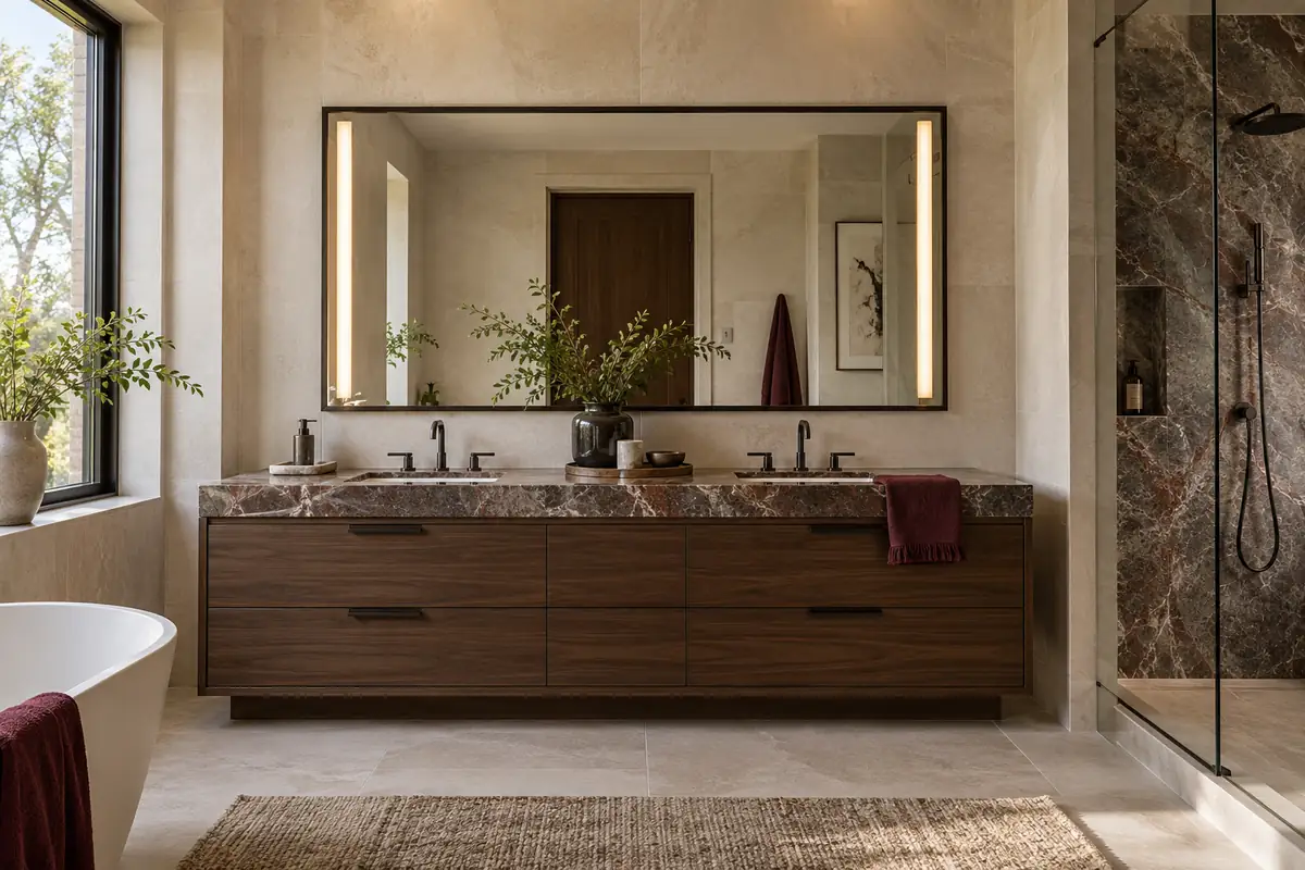 Contemporary Luxury bathroom with walnut storage, stone surfaces and practical mirror lighting