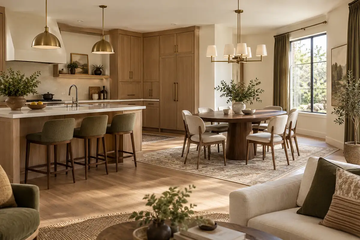 Coordinated whole-home kitchen, dining and living spaces with wood cabinetry and olive accents
