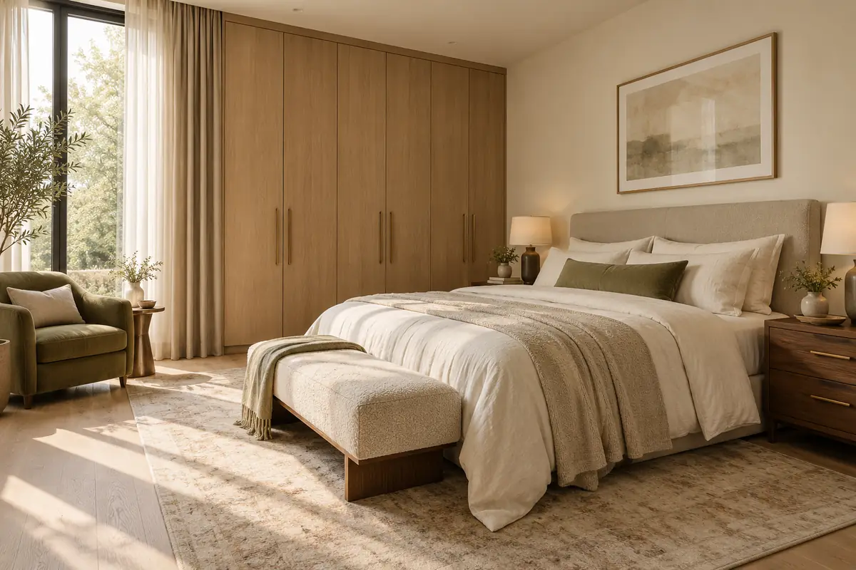 Calm bedroom with related oak and walnut finishes, closed wardrobes and layered cream textiles