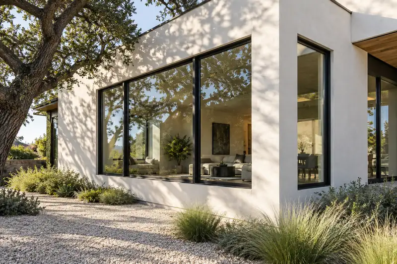 Black aluminum window frames contrasting with ivory stucco on a modern home