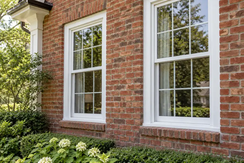 White window frames and divided glass panes on a traditional red brick house