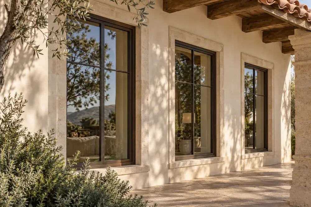 Bronze window frames with sandy stucco and terracotta roofing on a Mediterranean home