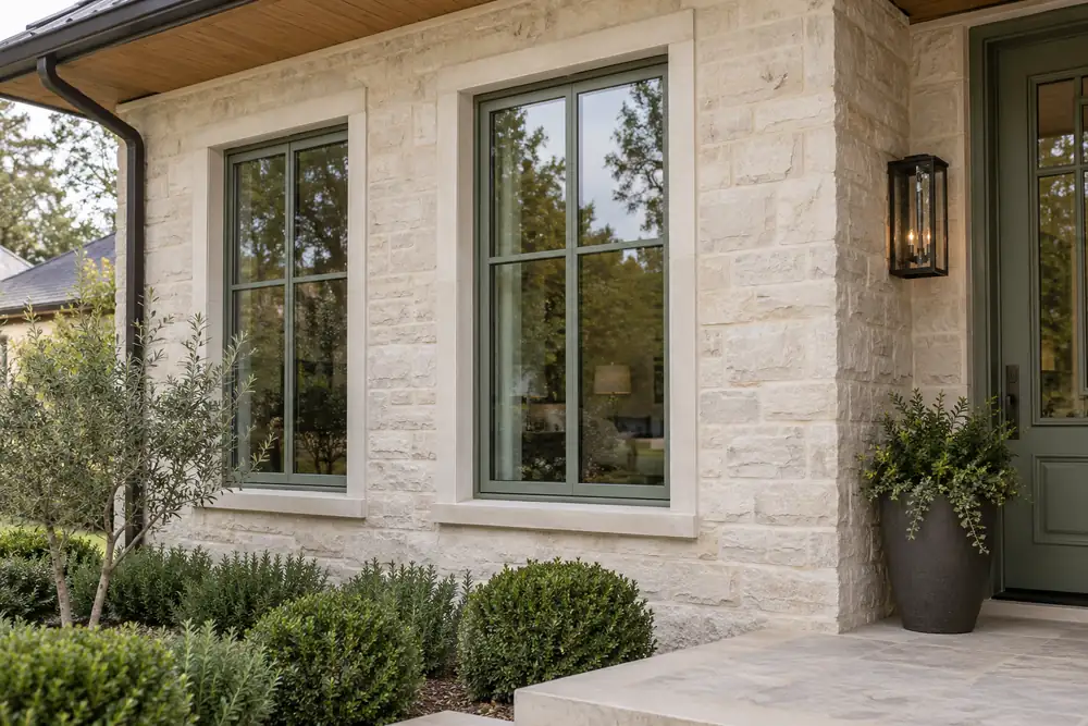Muted sage green window frames coordinated with a warm limestone facade