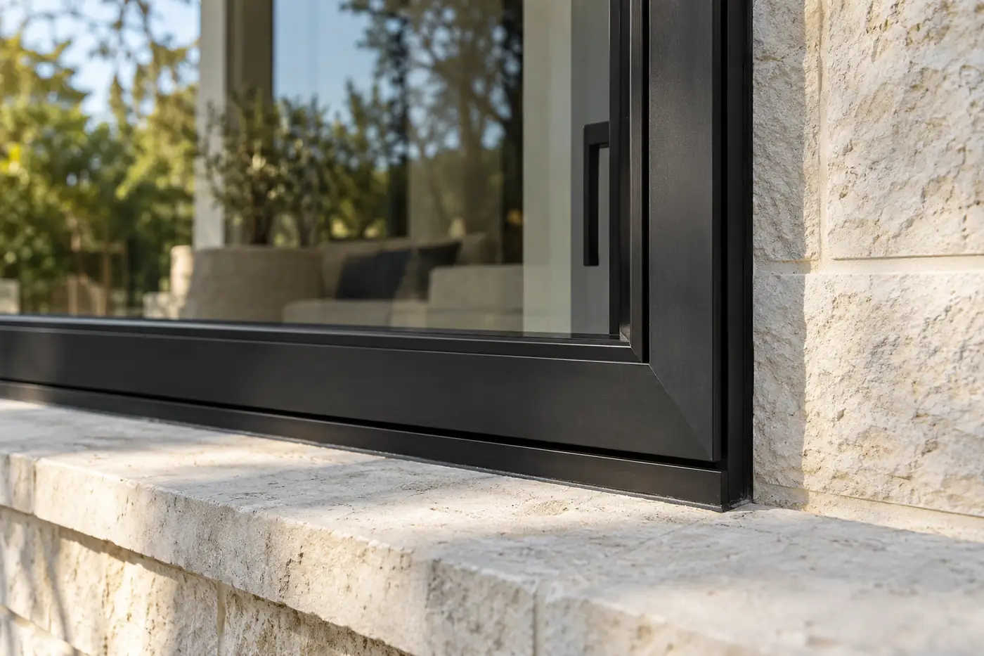Close view of a matte black aluminum window frame beside natural limestone