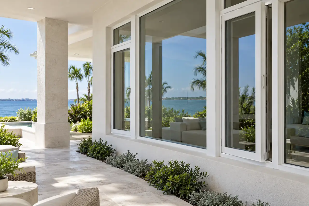 White window frames on a sunlit coastal terrace overlooking blue water