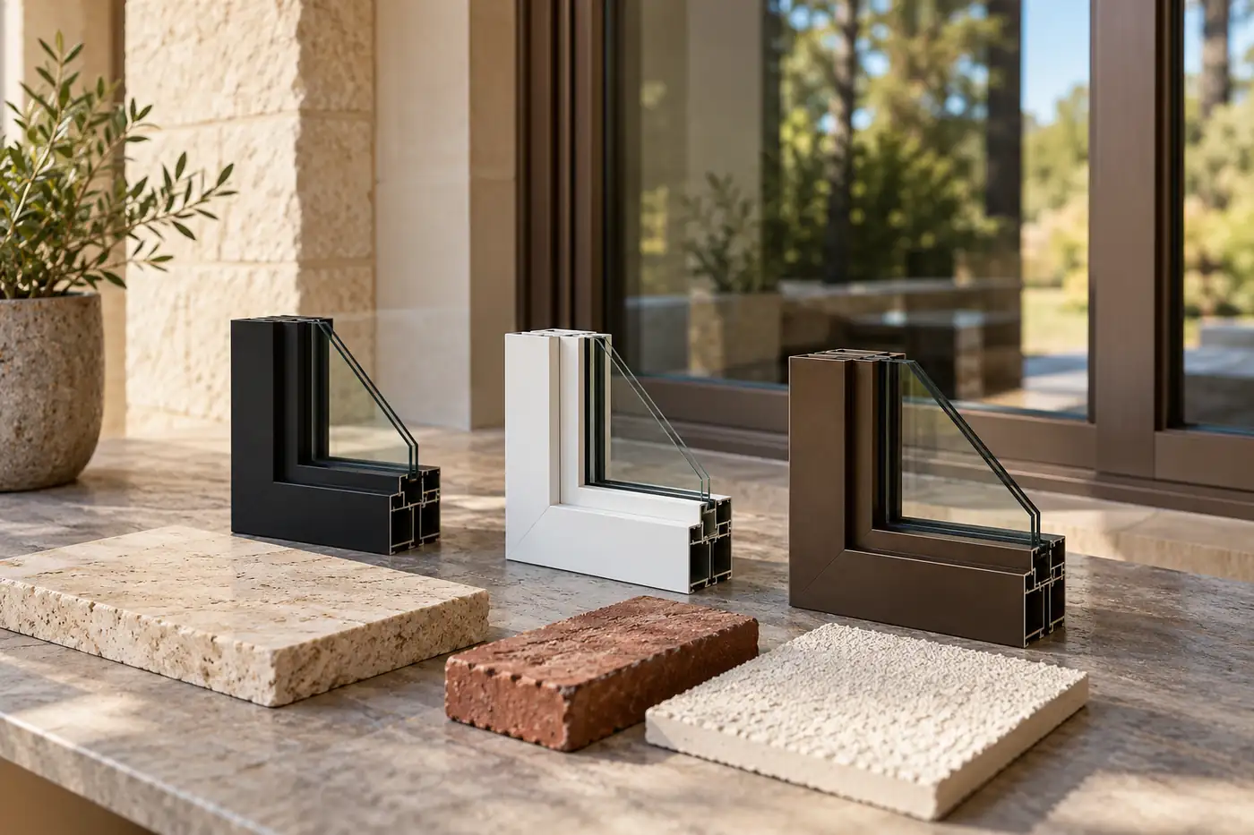 Black, white and bronze aluminum frame samples beside brick, stone and stucco materials