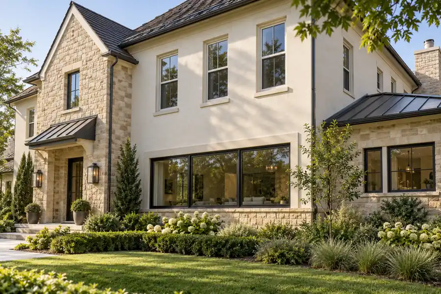Two-story home combining upstairs double-hung windows with broad ground-floor windows